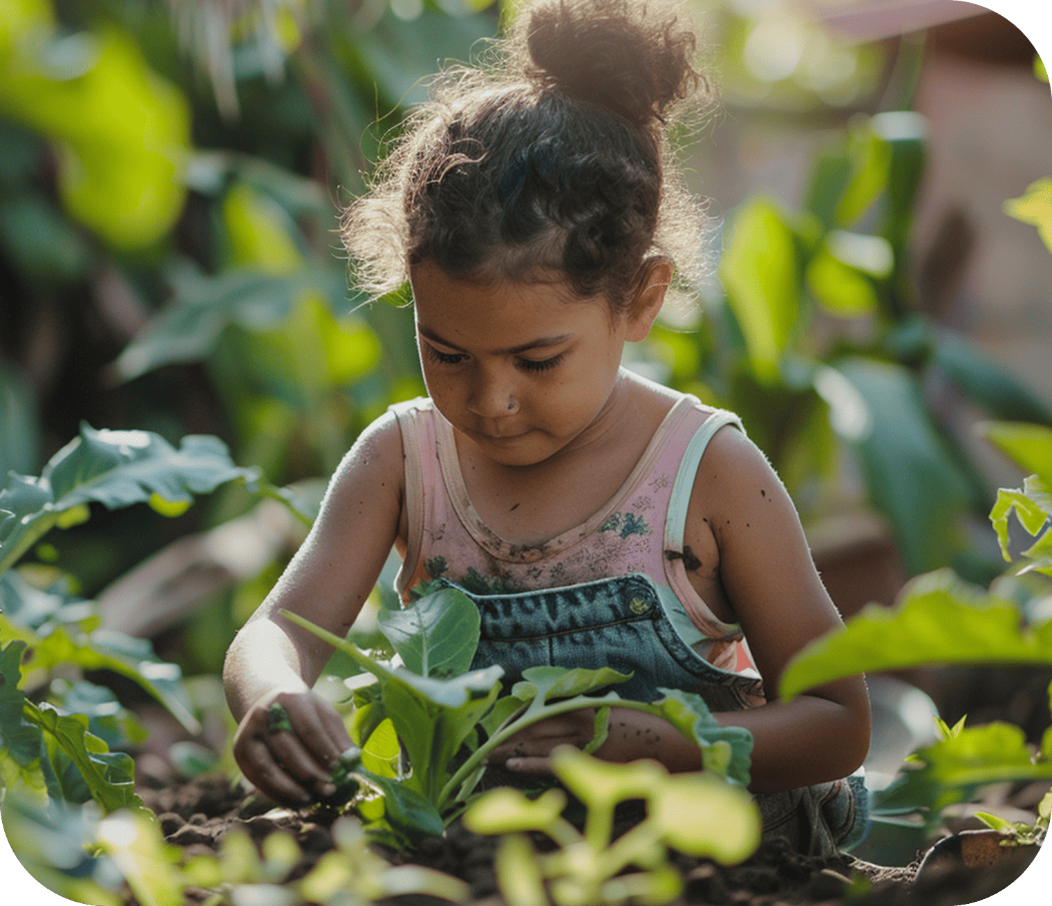 Criança cuidando de planta em atividade escolar